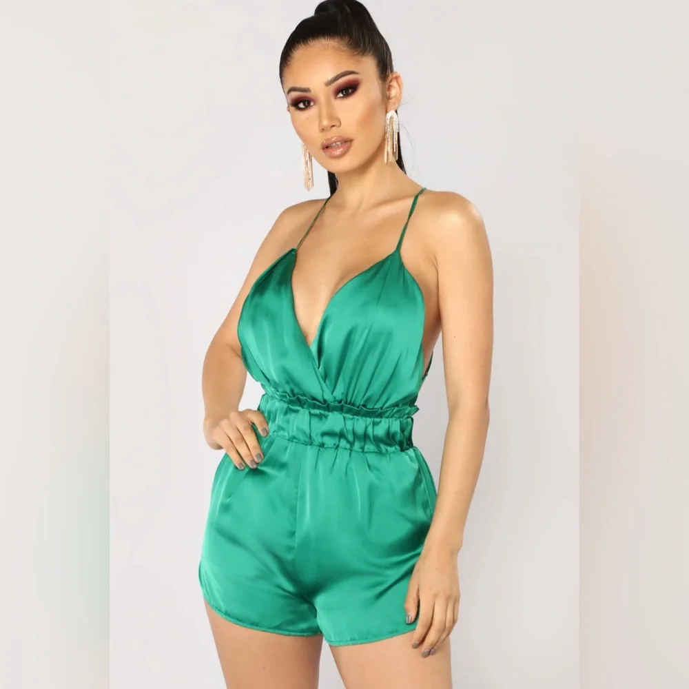 Satin green romper. Backless. Brand New. - Picture 1 of 4